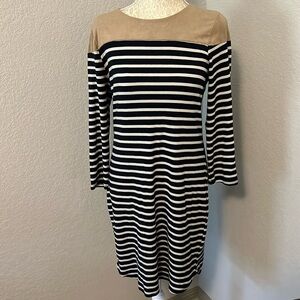 Striped Dress with faux suede accents, blue and white stripes size M by Monreau